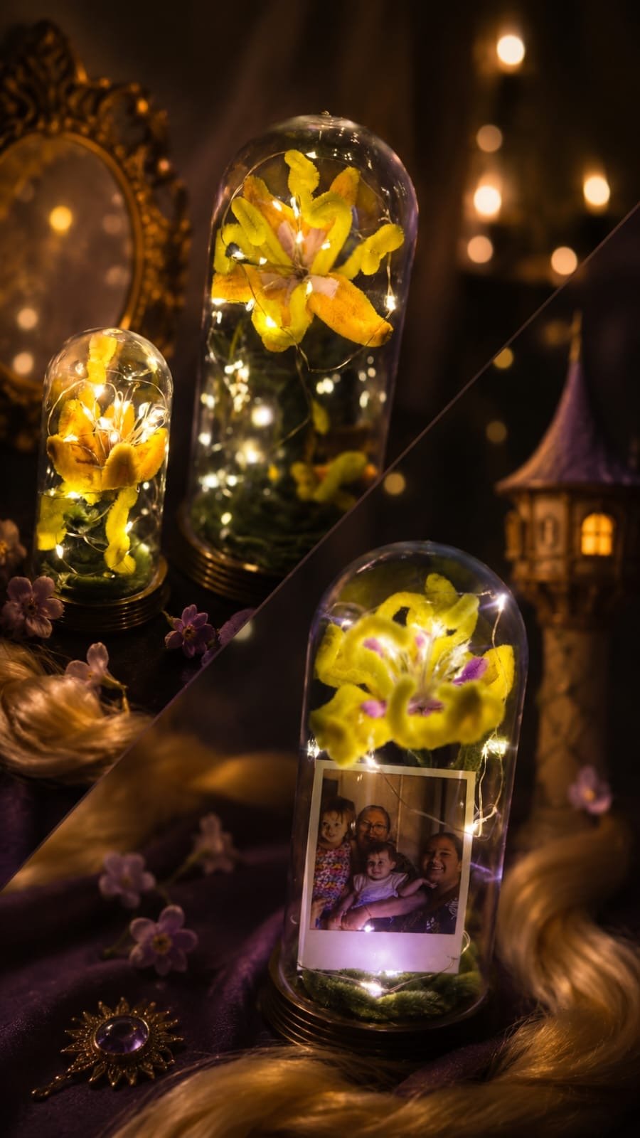 Flores artesanais iluminadas em cúpulas transparentes
