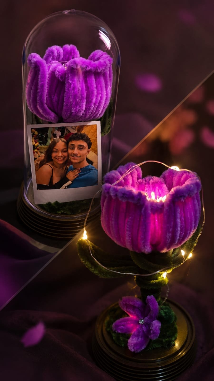 Rosas artesanais roxas iluminadas com fotografia personalizada